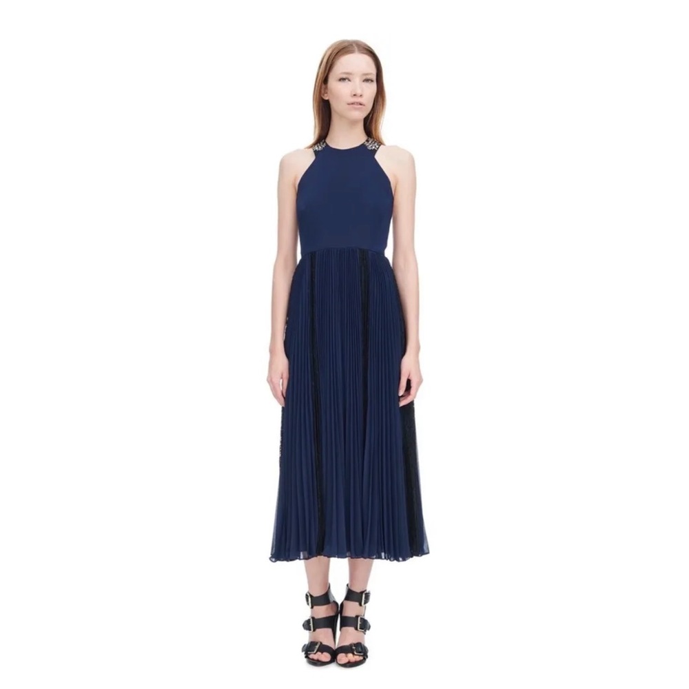 REBECCA TAYLOR Sleeveless Deco Pleated Dress with Lace Inserts and Rhinestones - Picture 2 of 10